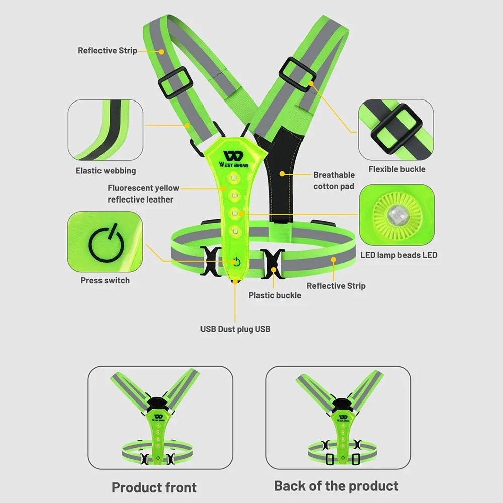 (image for) WEST BIKING Night Cycling Clothing 4 LED Beads Type-C Rechargeable Adjustment Running Light Reflective Sports Vest for Safe Warning Riding